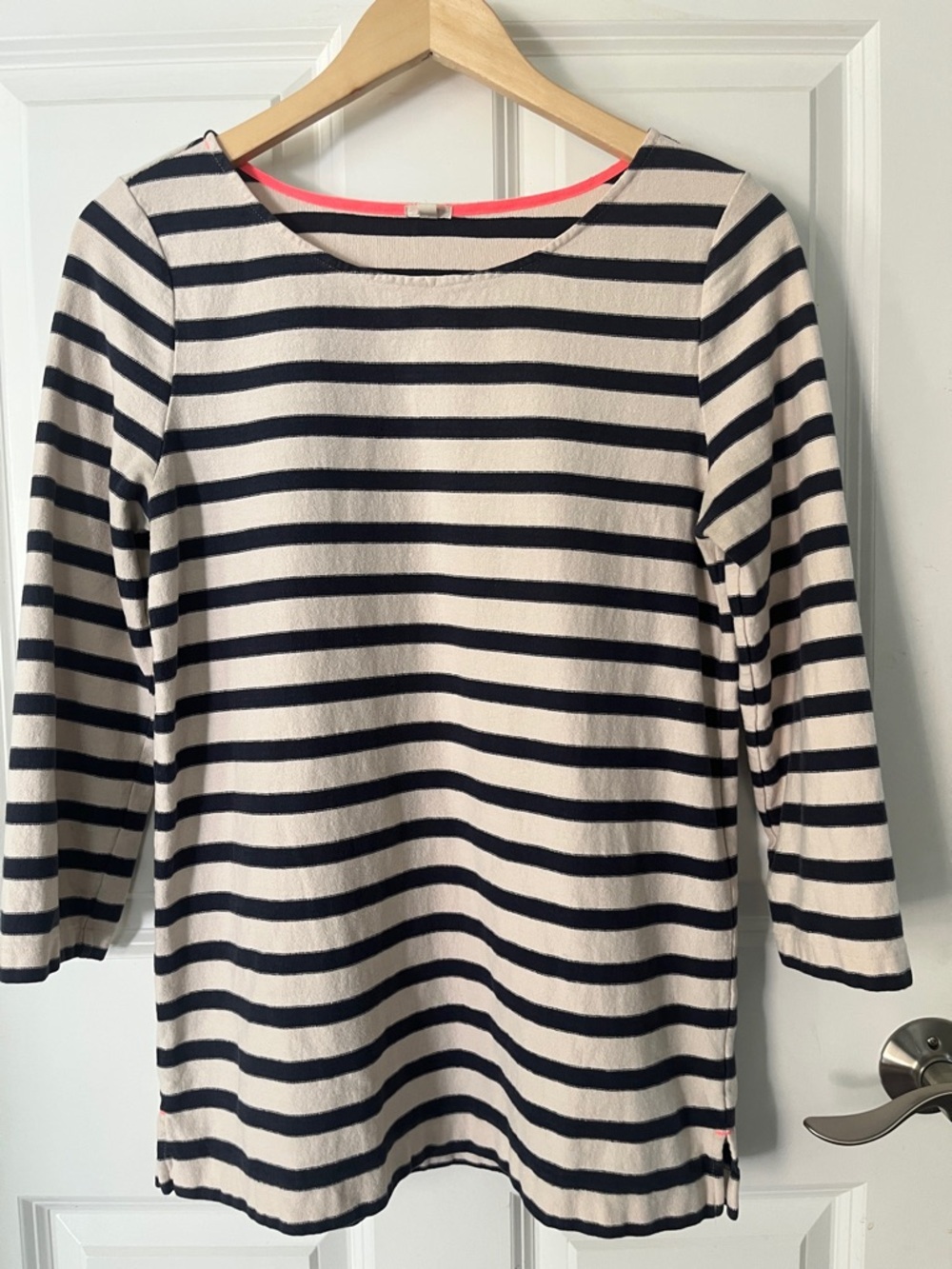 J. Crew Striped 3/4 Sleeve thick knit  Top tan, navy blue striped sz medium